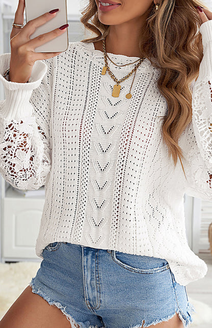 Sweaters- Bishop Sleeve Crew Neck Sweater in Cotton Wool Knit Blend- - Pekosa Women Clothing