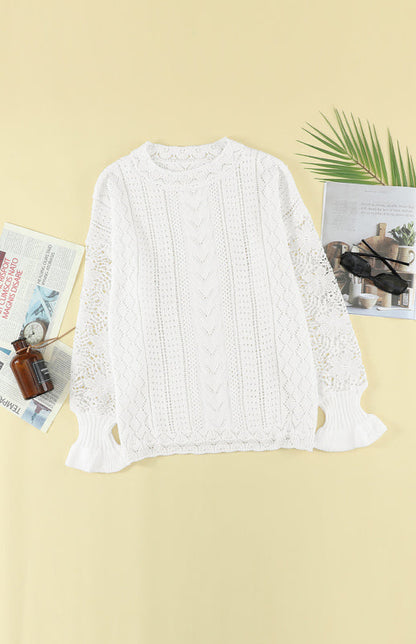 Crochet Sweaters- Cotton Blend Wool Knit Crew Neck Bishop Sleeve Sweater- - Pekosa Women Clothing