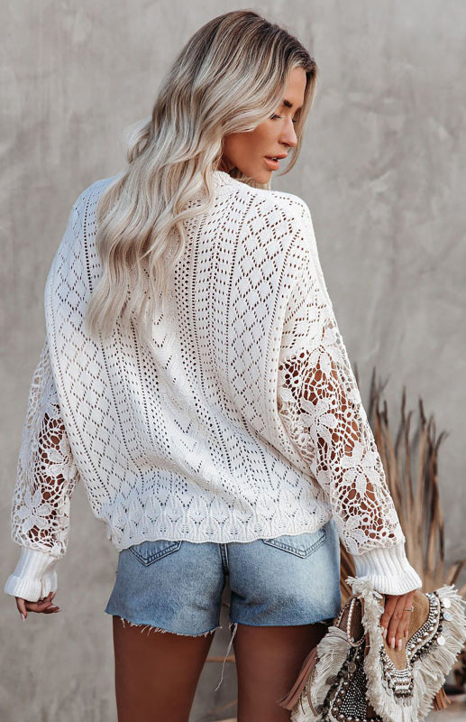 Crochet Sweaters- Cotton Blend Wool Knit Crew Neck Bishop Sleeve Sweater- - Pekosa Women Clothing