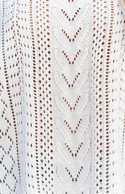 Crochet Sweaters- Cotton Blend Wool Knit Crew Neck Bishop Sleeve Sweater- - Pekosa Women Clothing