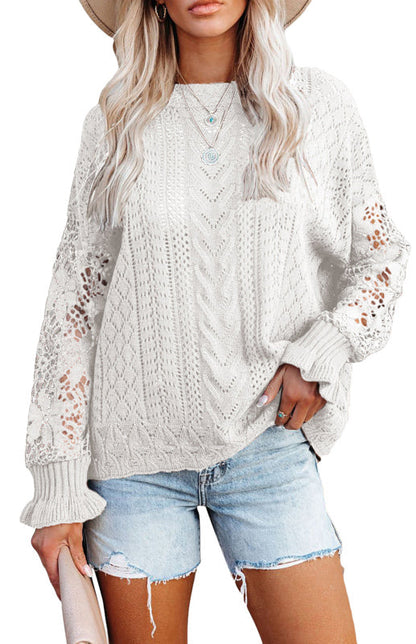 Crochet Sweaters- Cotton Blend Wool Knit Crew Neck Bishop Sleeve Sweater- - Pekosa Women Clothing