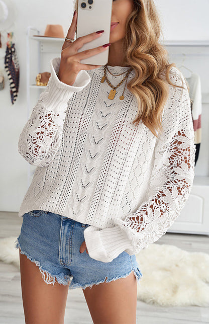 Crochet Sweaters- Cotton Blend Wool Knit Crew Neck Bishop Sleeve Sweater- - Pekosa Women Clothing