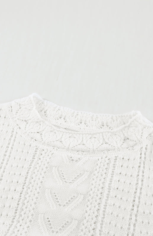 Crochet Sweaters- Cotton Blend Wool Knit Crew Neck Bishop Sleeve Sweater- - Pekosa Women Clothing