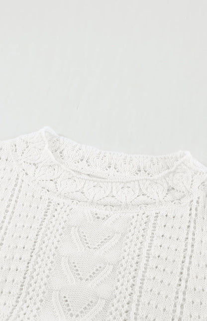 Crochet Sweaters- Cotton Blend Wool Knit Crew Neck Bishop Sleeve Sweater- - Pekosa Women Clothing