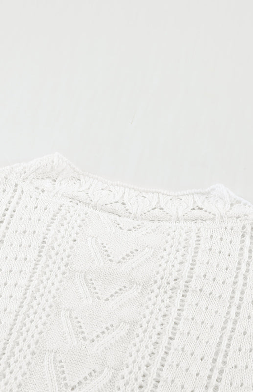 Crochet Sweaters- Cotton Blend Wool Knit Crew Neck Bishop Sleeve Sweater- - Pekosa Women Clothing
