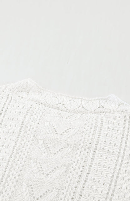 Crochet Sweaters- Cotton Blend Wool Knit Crew Neck Bishop Sleeve Sweater- - Pekosa Women Clothing
