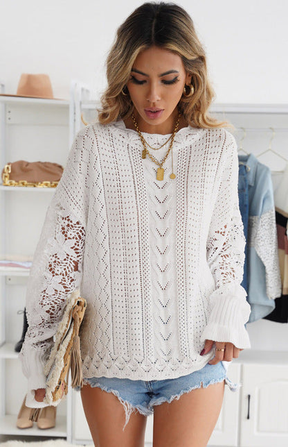 Crochet Sweaters- Cotton Blend Wool Knit Crew Neck Bishop Sleeve Sweater- - Pekosa Women Clothing