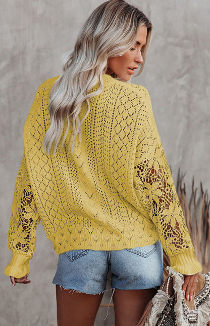 Crochet Sweaters- Cotton Blend Wool Knit Crew Neck Bishop Sleeve Sweater- - Pekosa Women Clothing