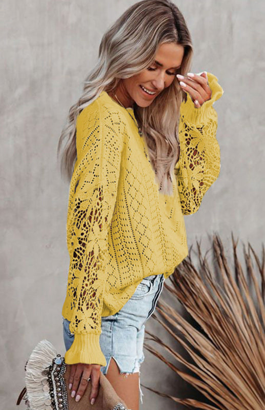 Crochet Sweaters- Cotton Blend Wool Knit Crew Neck Bishop Sleeve Sweater- - Pekosa Women Clothing