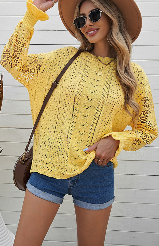 Crochet Sweaters- Cotton Blend Wool Knit Crew Neck Bishop Sleeve Sweater- Yellow- Pekosa Women Clothing