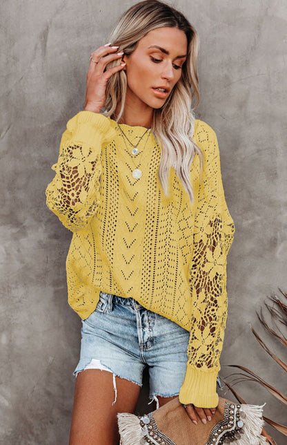Crochet Sweaters- Cotton Blend Wool Knit Crew Neck Bishop Sleeve Sweater- - Pekosa Women Clothing