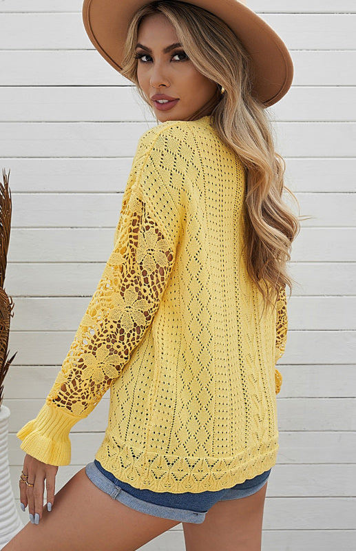 Crochet Sweaters- Cotton Blend Wool Knit Crew Neck Bishop Sleeve Sweater- - Pekosa Women Clothing