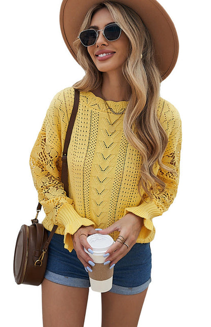 Crochet Sweaters- Cotton Blend Wool Knit Crew Neck Bishop Sleeve Sweater- - Pekosa Women Clothing