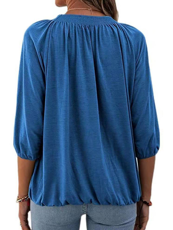 T-Shirts- Smocked Accent Top | Cotton Blend Crew Neck Tee with 3/4 Sleeves- - Pekosa Women Clothing