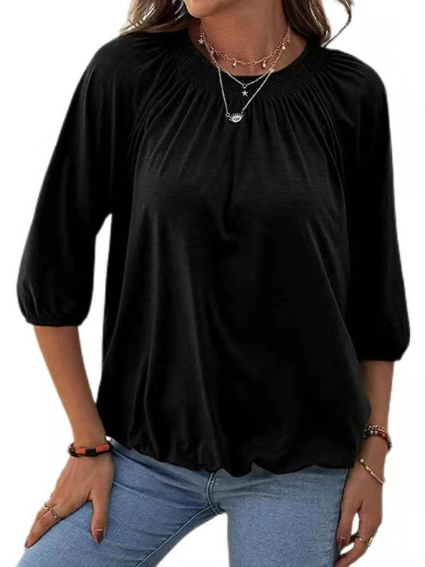 T-Shirts- Smocked Accent Top | Cotton Blend Crew Neck Tee with 3/4 Sleeves- Black- Pekosa Women Clothing