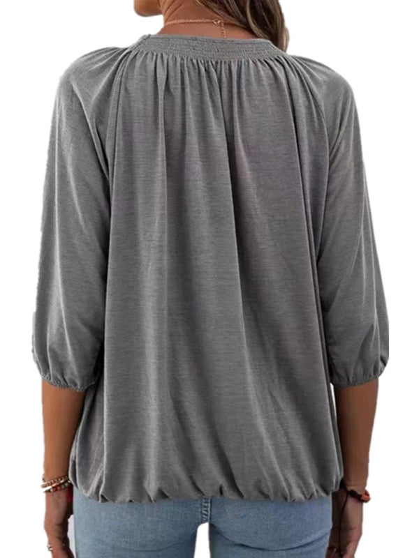 T-Shirts- Smocked Accent Top | Cotton Blend Crew Neck Tee with 3/4 Sleeves- - Pekosa Women Clothing