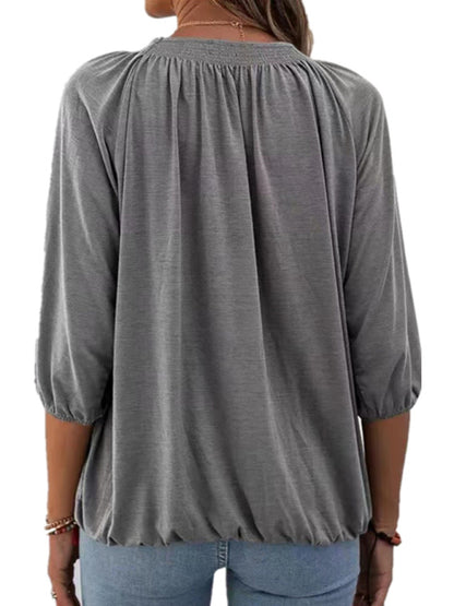 T-Shirts- Smocked Accent Top | Cotton Blend Crew Neck Tee with 3/4 Sleeves- - Pekosa Women Clothing