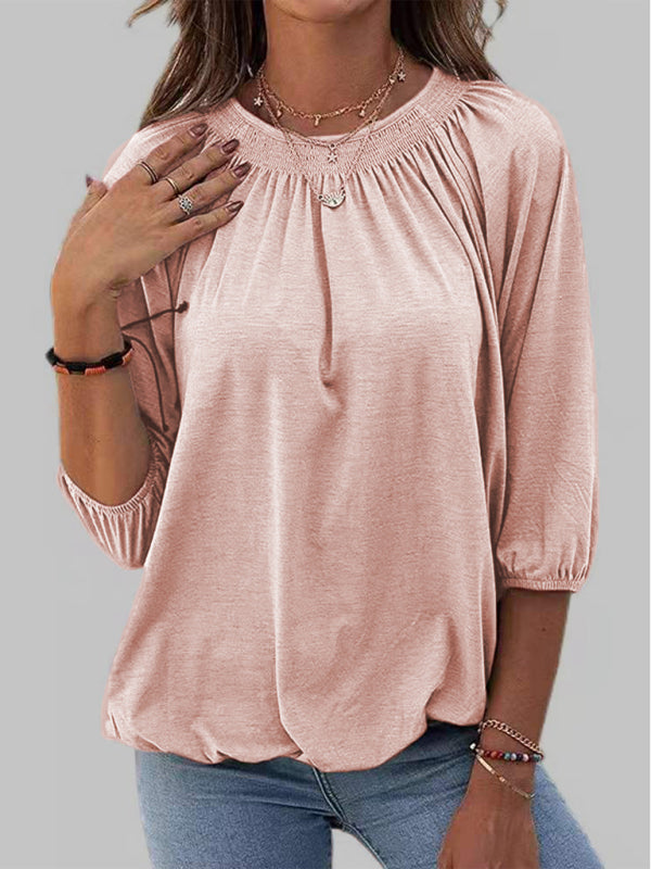 T-Shirts- Smocked Accent Top | Cotton Blend Crew Neck Tee with 3/4 Sleeves- Pink- Pekosa Women Clothing