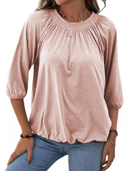T-Shirts- Smocked Accent Top | Cotton Blend Crew Neck Tee with 3/4 Sleeves- - Pekosa Women Clothing