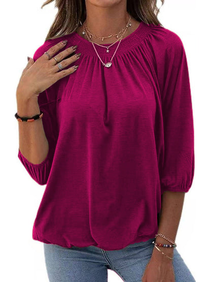 T-Shirts- Smocked Accent Top | Cotton Blend Crew Neck Tee with 3/4 Sleeves- Wine Red- Pekosa Women Clothing