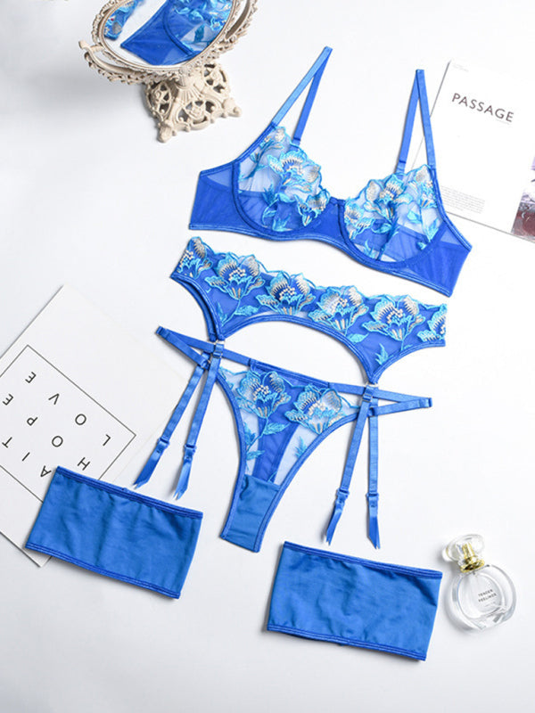 Lingerie Outfit- Anniversary 3-Piece Sheer Lace Lingerie Set with Garter Belt- - Pekosa Women Clothing