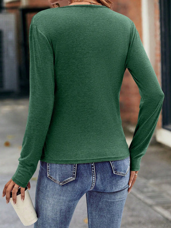 Tops- Color Block Tee | Surplice V-Neck Top with Long Sleeves- - Pekosa Women Clothing