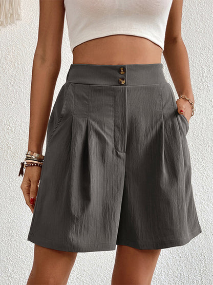 Pleated Shorts- Women's Loose Fit Pleated Shorts with Pockets- Charcoal grey- Pekosa Women Fashion