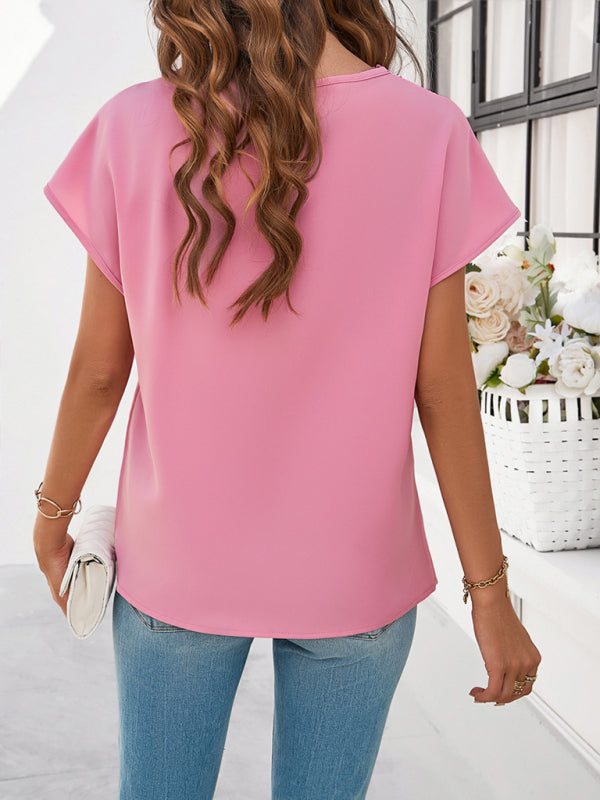 Blouses- Solid Loose-Fit V-Neck Blouse with Lovely Lace Trim- - Pekosa Women Fashion